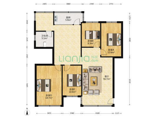 滨江温泉花园 4室1厅1卫 135平方