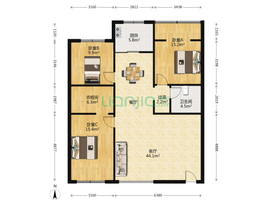 金洲花园 3室1厅1卫 121平方
