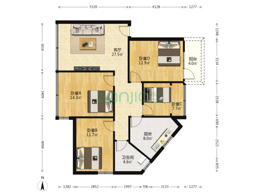 文化综合楼宿舍 4室1厅1卫 103平方