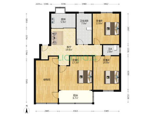 丁字桥公寓 3室1厅2卫 134平方