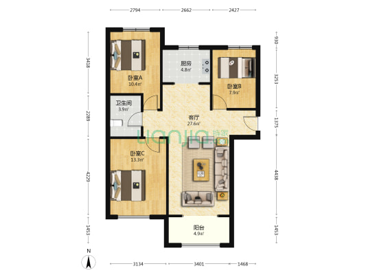 K2狮子城北区 3室1厅 92.04平米-户型图