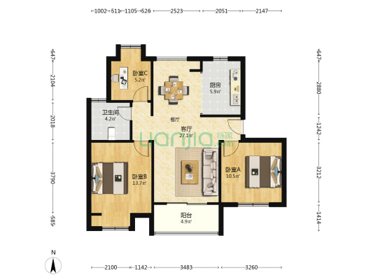海湾名悦豪庭 3室1厅1卫 90平方