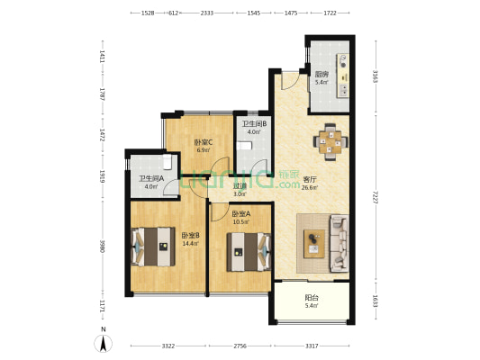 越秀臻裕府 3室1厅2卫 98平方