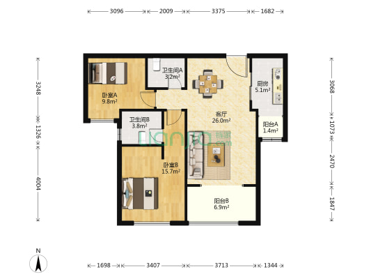 晶品轩 2室1厅2卫 100平方