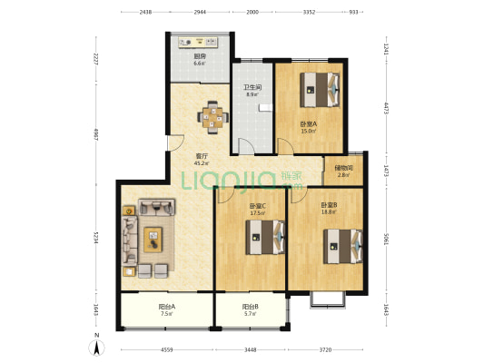 东方剑桥小区 3室1厅1卫 155平方