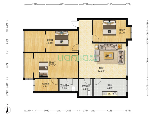 崇庆北路75号 3室1厅2卫 125平方