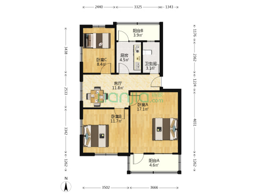 果园路 3室1厅1卫 81平方
