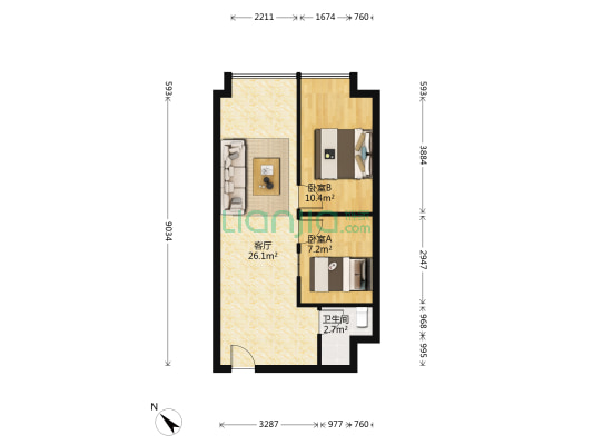 中国铁建广场 2室1厅1卫 68平方