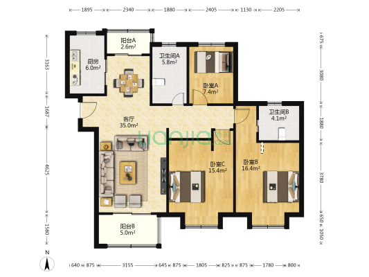 胜悦嘉苑 3室1厅2卫 130平方