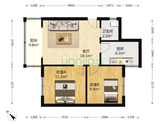 红花村1号 2室1厅1卫 65平方