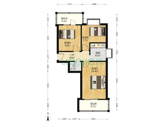 西安市建二公司建东街住宅楼 3室0厅1卫 58平方