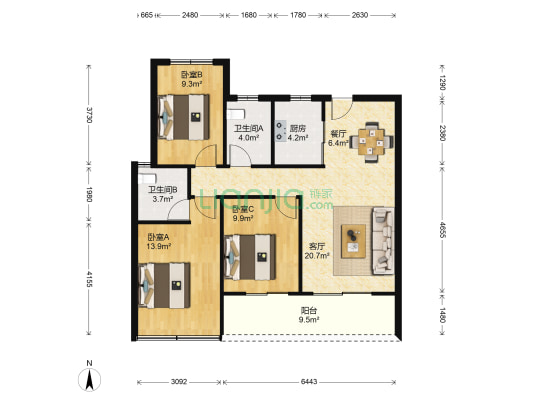 咏柳苑(杨柳郡二期） 3室2厅2卫 106平方