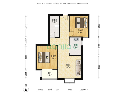华阳路旁 联合七号院 86平全南两居室急售-户型图