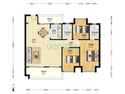 亚琦城央尚品 3室1厅2卫 117平方
