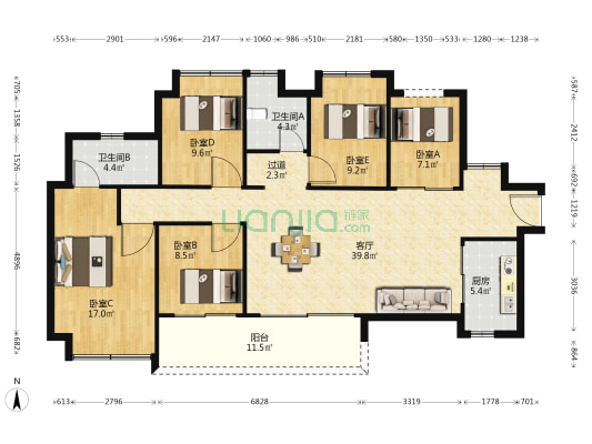 中欣楚天御府锦上 5室1厅2卫 142平方