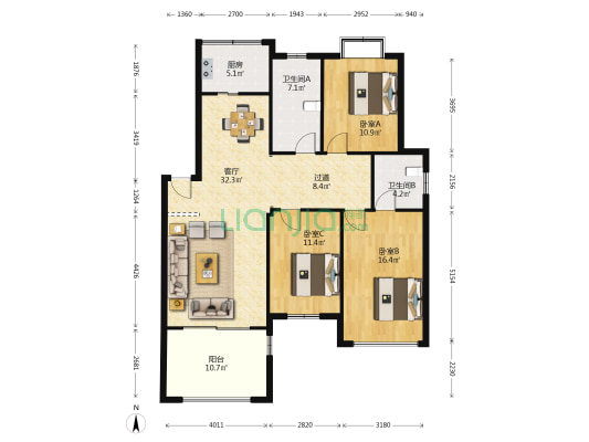 香溢公寓 3室1厅2卫 121平方