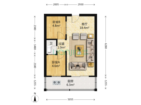 商务街小区 2室1厅1卫 45平方