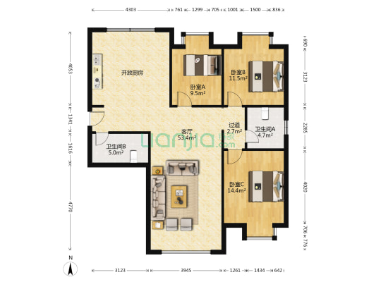 大陆馨园 3室1厅2卫 136平方