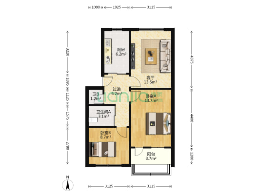 检查院家属楼 2室1厅2卫 69平方