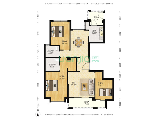 中源花园 3室1厅2卫 140平方