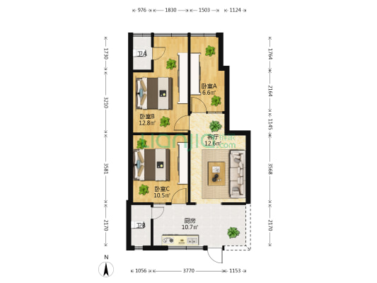 环城北路232号 3室1厅2卫 44平方