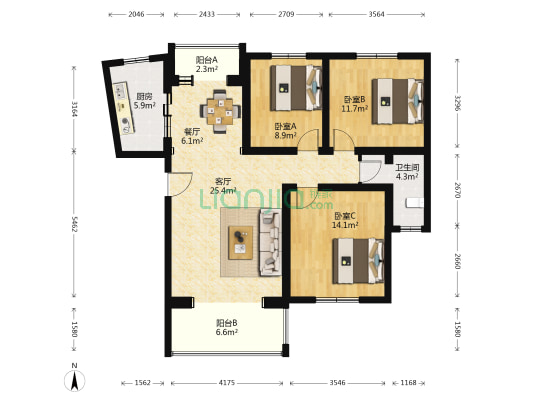 羊耳峪西区 3室2厅1卫 121平方
