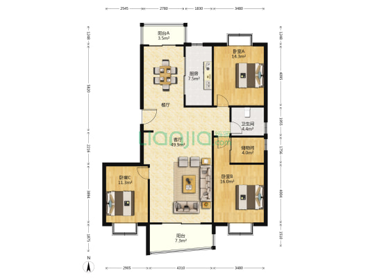 国飞尚城F区 3室1厅1卫 143平方