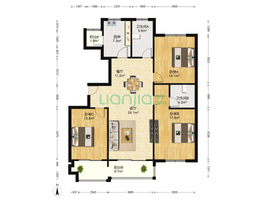 中桥名邸 3室2厅2卫 143平方