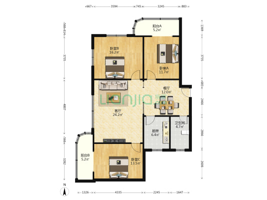 中码头小区 3室2厅1卫 119平方