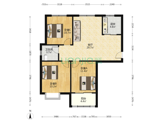 金葡萄家园D区 3室1厅1卫 109平方