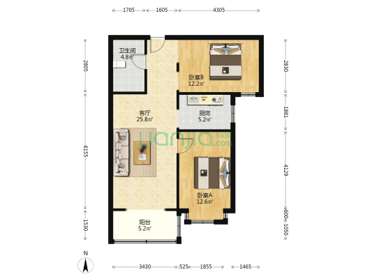 水岸花城 2室1厅 南-户型图