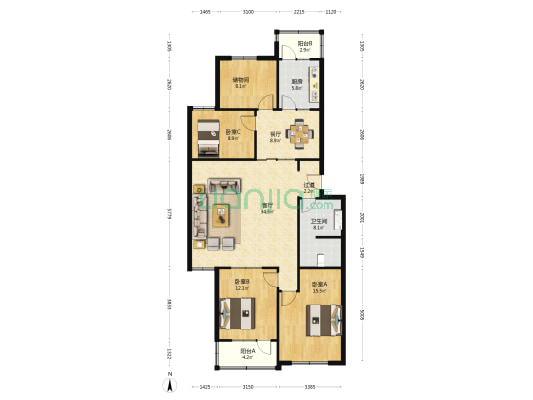 通宇花园A区 3室2厅1卫 135平方