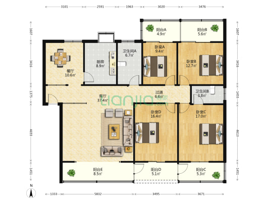 紫阳东路69号 4室2厅2卫 155平方