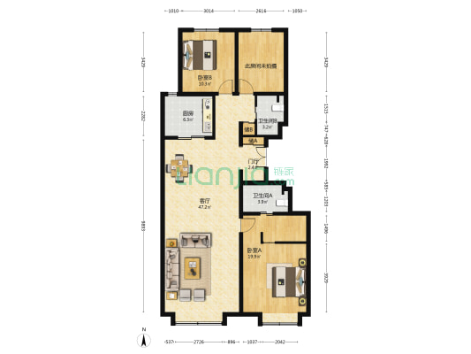 住总香榭8号 2室1厅2卫 138平方
