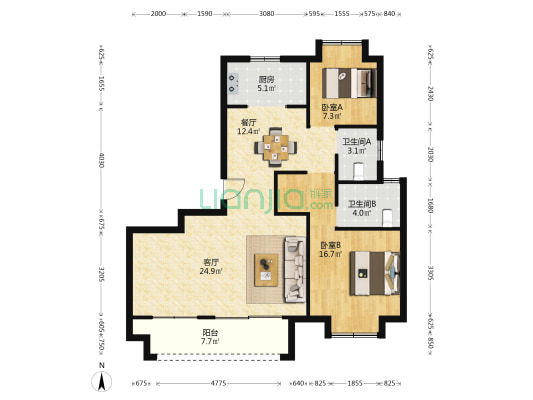 云海尚品 2室2厅2卫 109平方