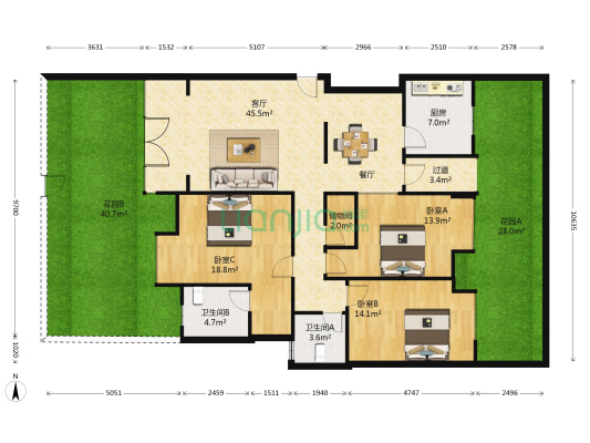 武汉天地四期B11 3室1厅2卫 142平方