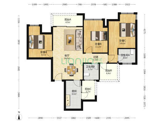 渝开发·格莱美二组团 3室1厅2卫 106平方