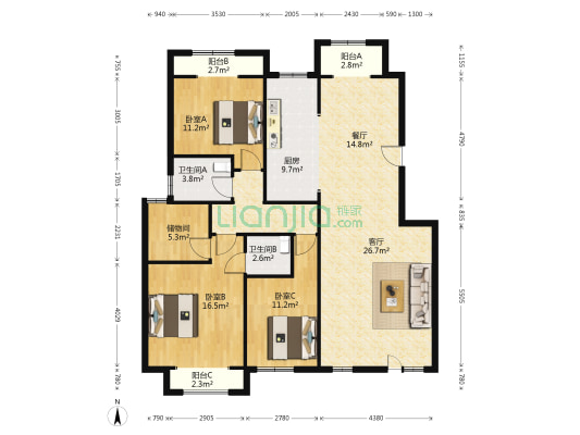 花园洋房 带阳台 采光好 南北通透-户型图
