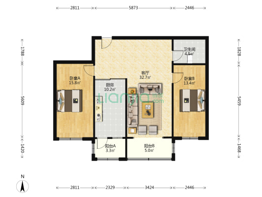 金地家园(和兴路) 2室1厅1卫 114平方
