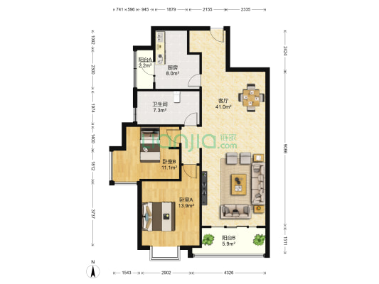 天泰城汉城区 2室1厅1卫 108平方