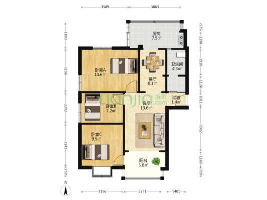 曙光北区 3室2厅1卫 65平方