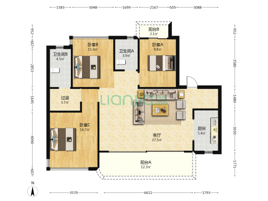 中国铁建山语桃源 3室1厅2卫 128平方