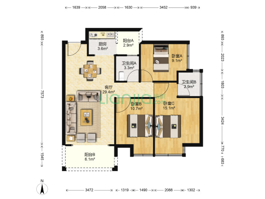 龙晟华府 3室1厅2卫 100平方