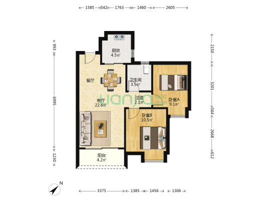 龙湖原著台 2室1厅1卫 75平方