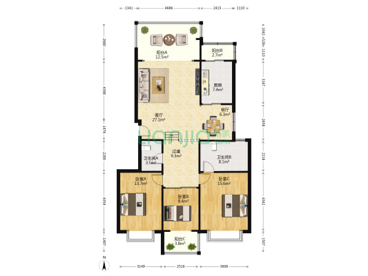 新城俊园 3室2厅2卫 136平方