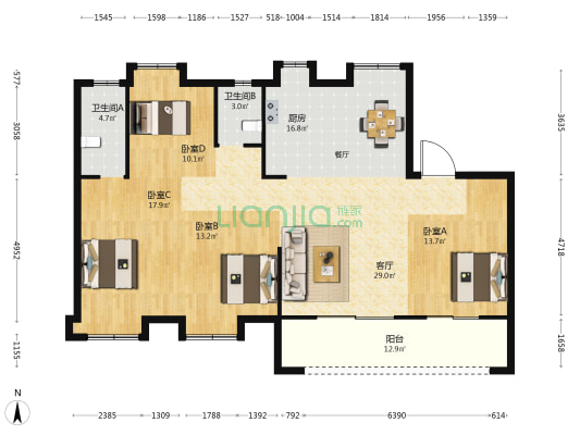 大东海晋棠府一期 4室1厅2卫 148平方