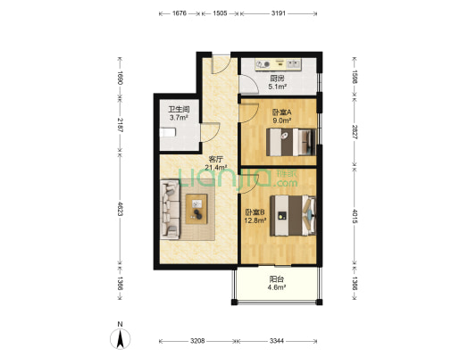 惠友荷园南向两居，采光，视野都很好，精装自住-户型图