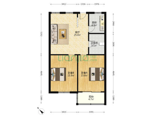 海影大厦 2室1厅1卫 97平方