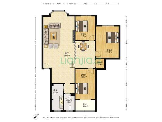 双桥路242号 3室1厅1卫 140平方