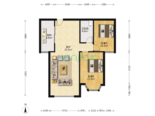 钻石广场 2室1厅 南-户型图